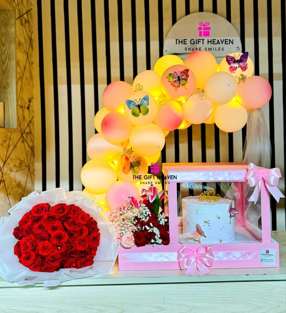 Luxury Cake Balloon Decoration and Red Rose Bouquet