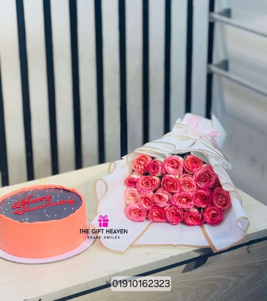 Elegance Pink Rose Bouquet & Cake