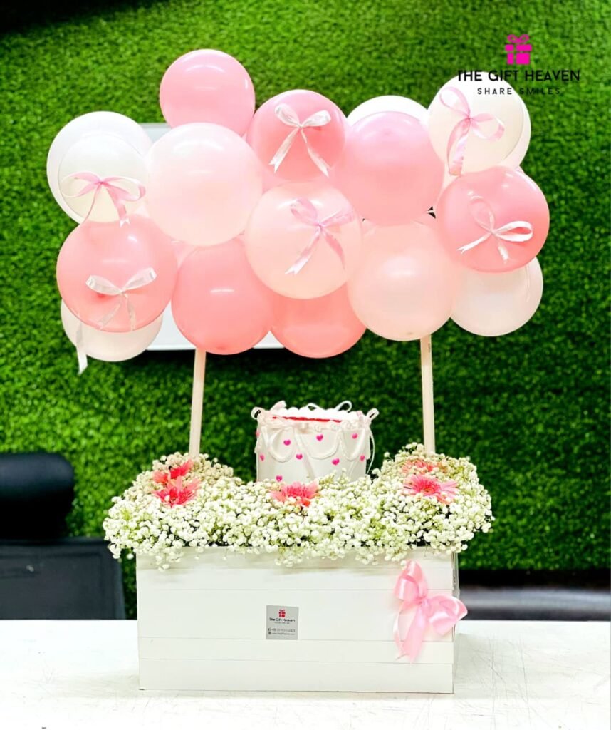 Baby’s breath flower box with pink balloons and customised cake in Bangladesh