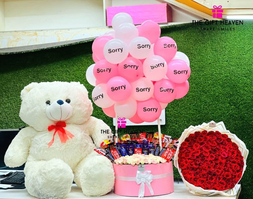 Sorry gift box with teddy roses chocolates and balloon in Bangladesh